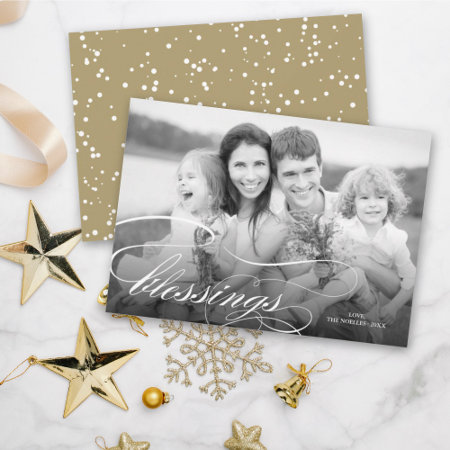 Elegant Blessings Script Religious Christmas Photo Holiday Card