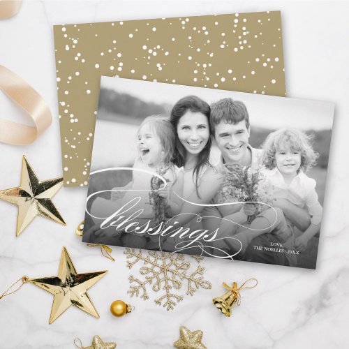 Elegant Blessings Script Religious Christmas Photo Holiday Card