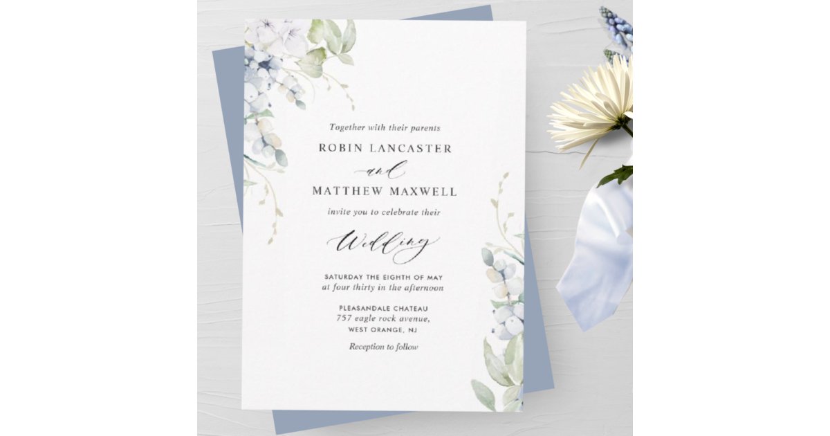 Elegant Bliss, Dusty Blue White Floral Wedding Invitation | Zazzle