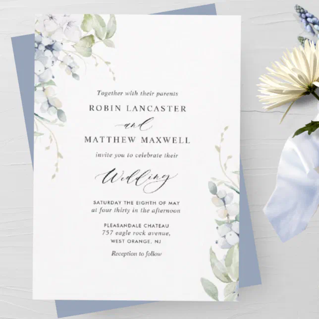 Elegant Bliss, Dusty Blue White Floral Wedding Invitation | Zazzle