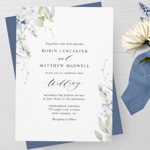 Elegant Bliss Navy Blue White Floral Wedding Invitation