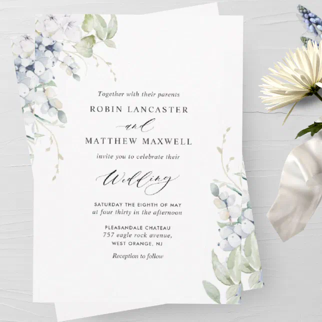 Elegant Bliss White Floral And Greenery Wedding Invitation Zazzle