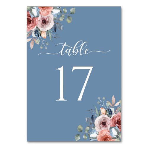Elegant Blissful Floral Dusty Blue Wedding Table Number