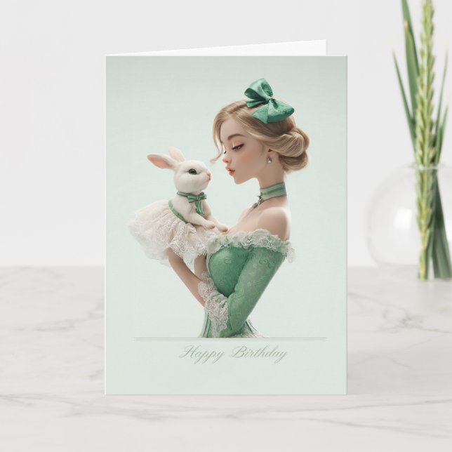 Elegant Blonde in Green w/ Pretty Bunny BDay Card (Front)