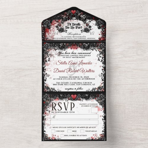 Elegant Blood Splatter Halloween Wedding RSVP MENU All In One Invitation