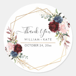 Elegant Bloom Blush Burgundy Dusty Blue Thank You Classic Round Sticker