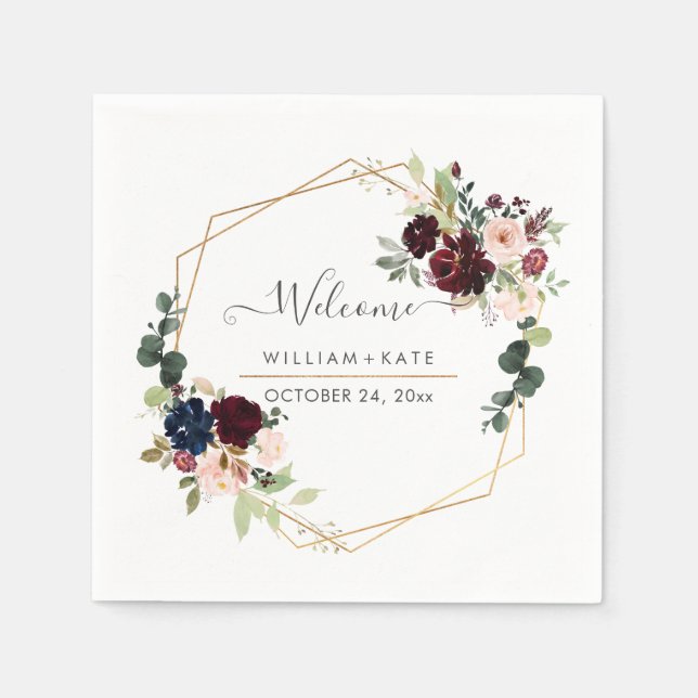 Elegant Bloom Blush Burgundy Eucalyptus Welcome Napkins (Front)