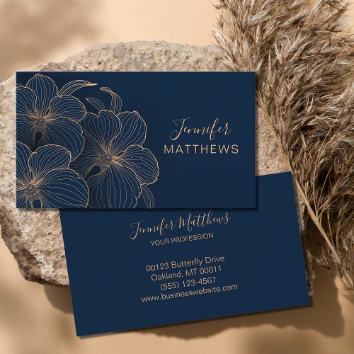 Elegant Bloom Navy Gold Orchid Floral Business Card