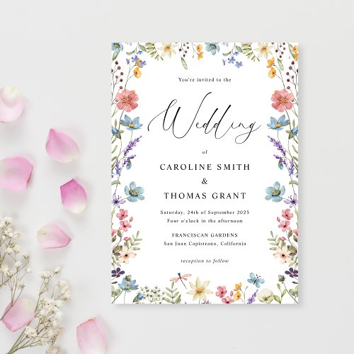 Elegant Bloom Wildflower Romantic Script Wedding Invitation