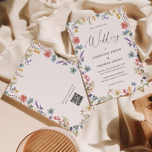 Elegant Bloom Wildflower Script QR Code Wedding Invitation