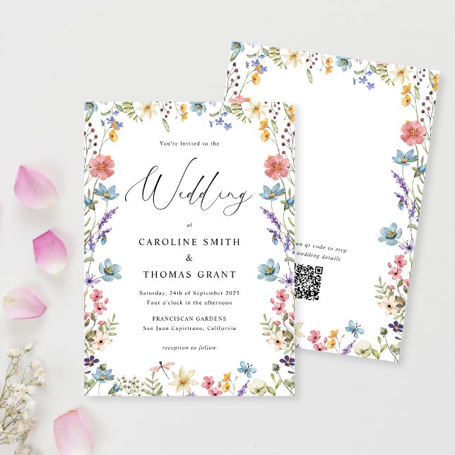 Elegant Bloom Wildflower Script QR Code Wedding Invitation (Creator Uploaded)