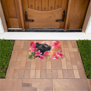 Elegant Blooming Floral Wild Black Panther Doormat