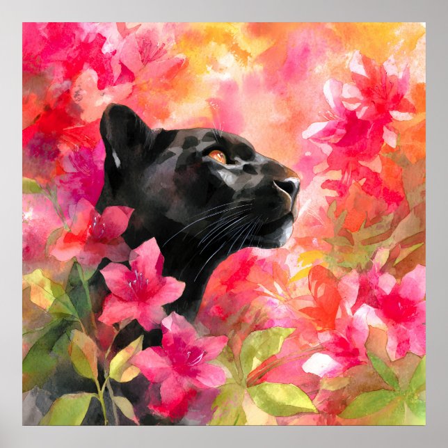 Elegant Blooming Floral Wild Black Panther Poster (Front)