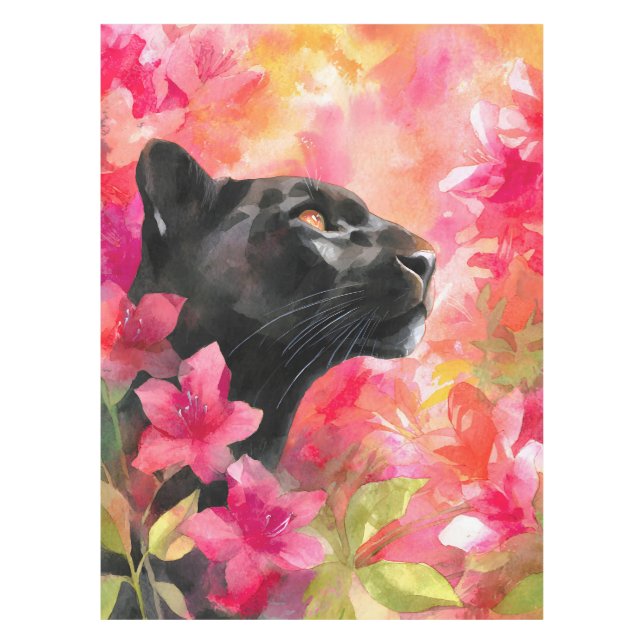 Elegant Blooming Floral Wild Black Panther Tablecloth (Front)