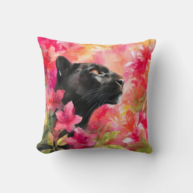 Elegant Blooming Floral Wild Black Panther Throw Pillow (Front)
