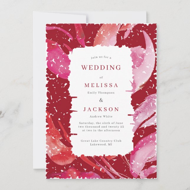 Elegant blooming frame wedding invitation Red Pink (Front)