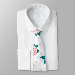 Elegant Blooming Hydrangea Pink White Floral Neck Tie