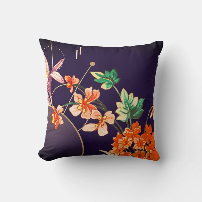 Elegant Blooming Orange Floral | Eggplant Throw Pillow (Front)