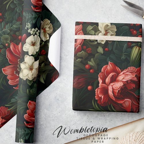 Elegant Blooms I Red and Cream Floral  Wrapping Paper