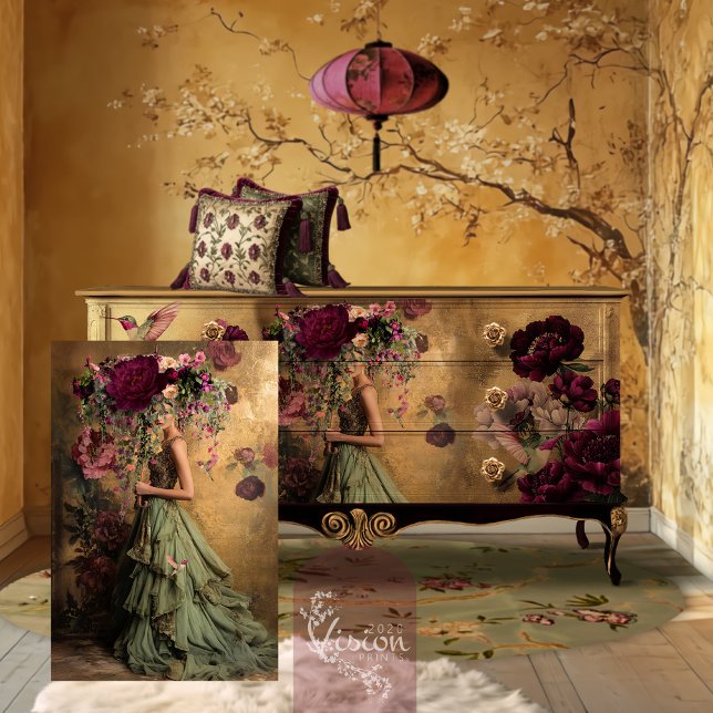 Elegant Blooms Parasol Fashion Full Portrait Tissue Paper (Elegant Blooms Portrait Bird & Floral, Gold leaf effect, Patina Background Decoupage Tissue Paper)