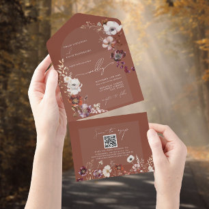 Elegant Blooms Rust Terracotta Wedding QR RSVP All In One Invitation