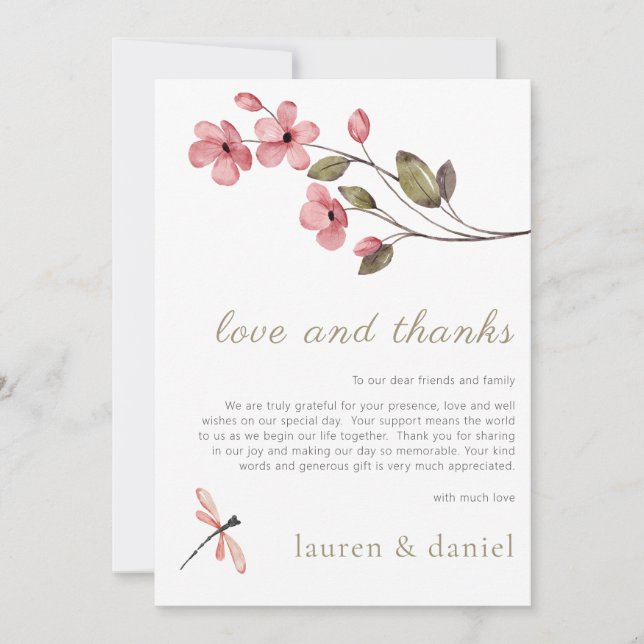 Elegant Blossom Dragonfly Wedding Thank You Card (Front)