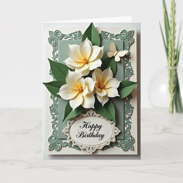 Elegant Blossom Scroll Birthday Card (Front)