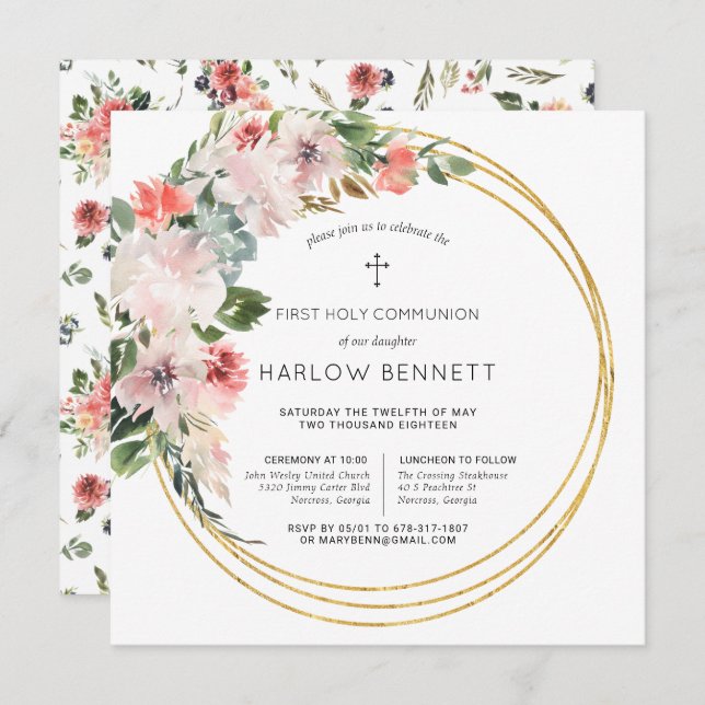 Elegant Blossoms First Holy Communion Invitation (Front/Back)