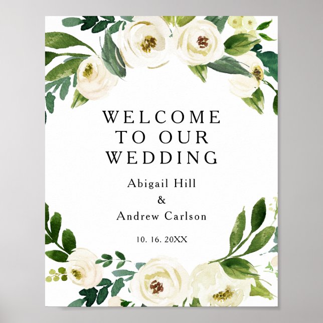 Elegant Blossoms White Floral Wedding Welcome Poster (Front)