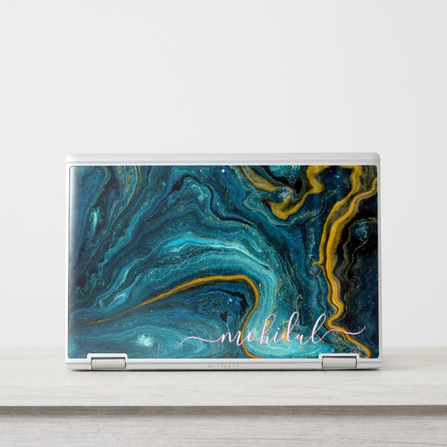 Elegant blu and yellow marble laptop skin (Front)
