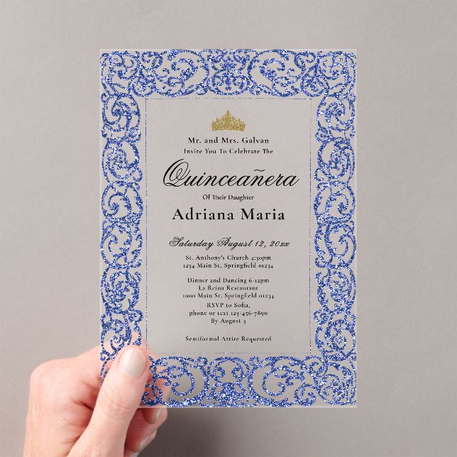 Elegant Blue 15th Birthday Quinceanera Acrylic Invitations (Insitu (Handheld))