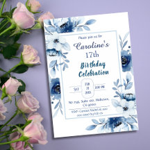 Elegant blue 17th birthday floral shades of blue