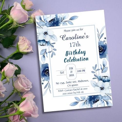 Elegant blue 17th birthday floral shades of blue  invitation