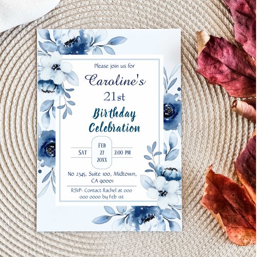 Elegant blue 21st birthday floral shades of blue invitation