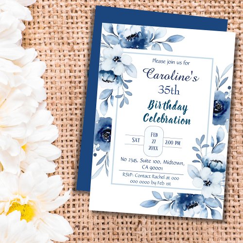 Elegant blue 35th birthday floral shades of blue  invitation