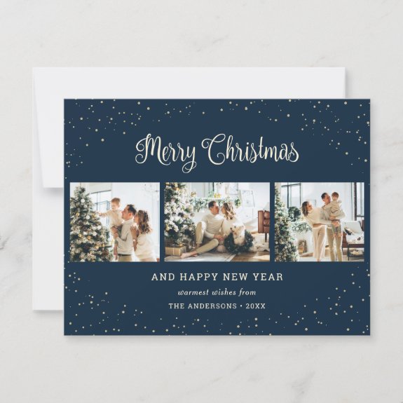 Elegant Blue 3 Photo Merry Christmas Cards