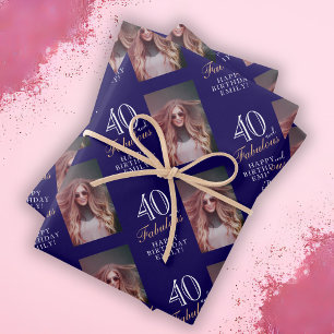 Elegant Blue 40 and Fabulous 40th Birthday Photo Wrapping Paper Sheets