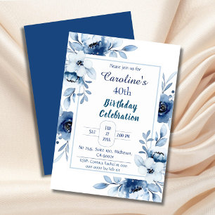 Elegant blue 40th birthday floral shades of blue invitation