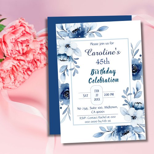 Elegant blue 45th birthday floral shades of blue invitation