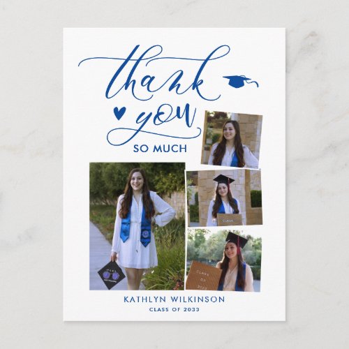 Elegant Blue 4 Photo College Graduation Thank You Postcard
