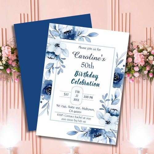 Elegant blue 50th birthday floral shades of blue  invitation