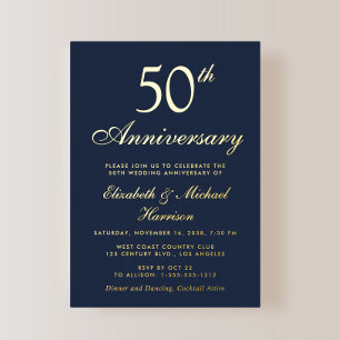 Elegant Blue 50th Wedding Anniversary Gold Foil Invitation