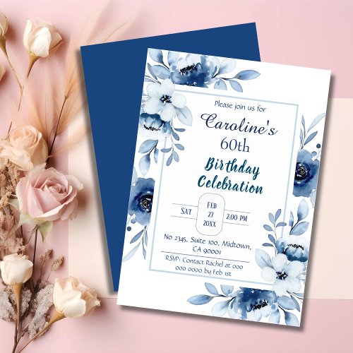 Elegant blue 60th birthday floral shades of blue  invitation