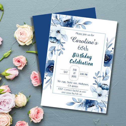 Elegant blue 65th birthday floral shades of blue invitation