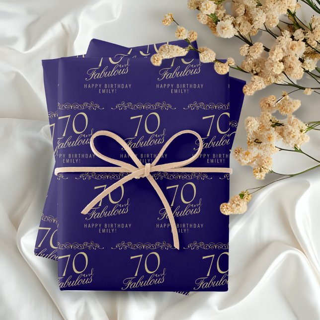 Elegant Blue 70 and Fabulous 70th Birthday  Wrapping Paper Sheets (Creator Uploaded)