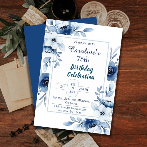 Elegant blue 75th birthday floral shades of blue invitation