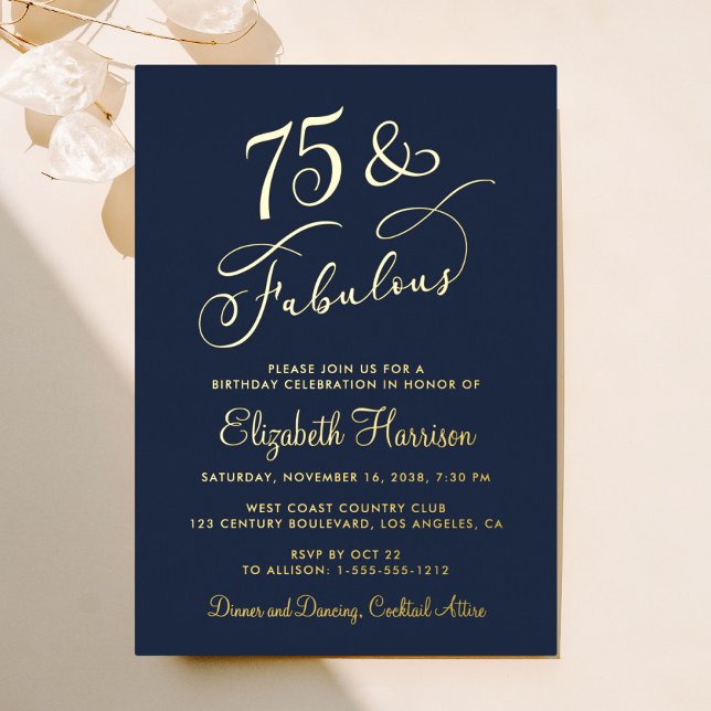 Elegant Blue 75th Birthday Party Foil Invitation (Creator Uploaded)