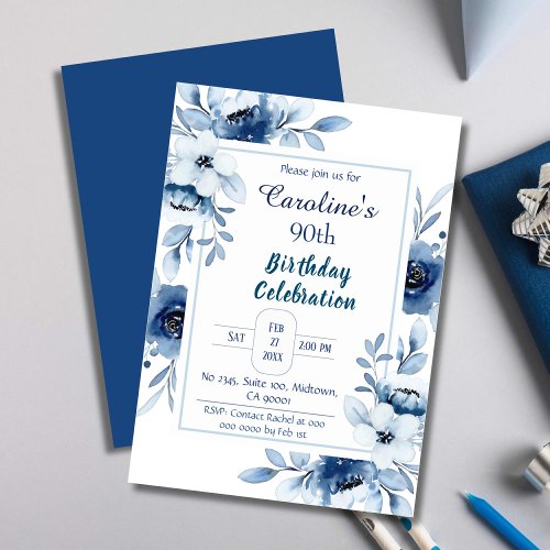 Elegant blue 90th birthday floral shades of blue invitation