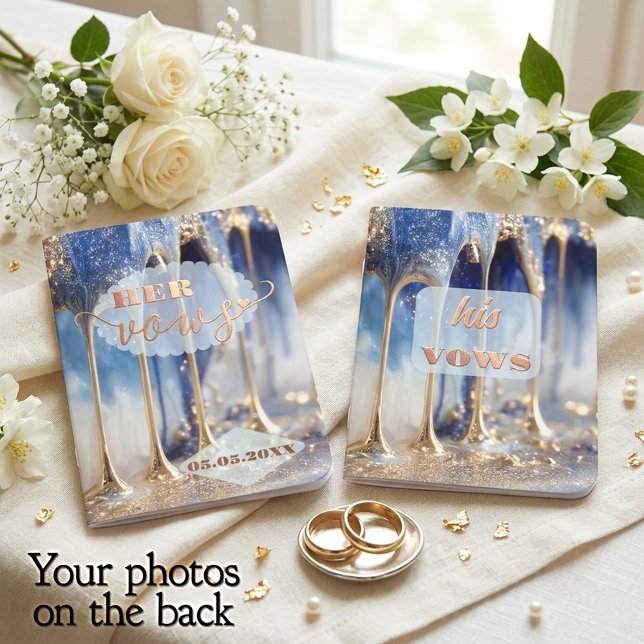 Elegant blue abstract celestial design wedding vow foil vow books (Elegant real foil wedding vow booklets featuring a chic abstract design and your photos on the back)