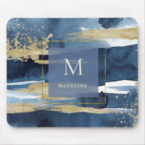 Elegant Blue  Abstract Gold with Monogram Mouse Pad